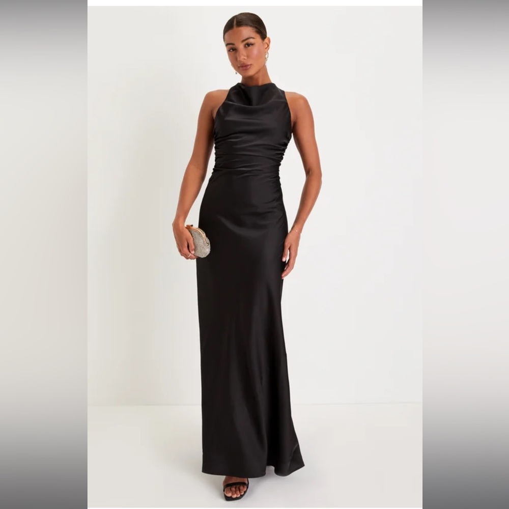 Effortlessly Sensational Black Satin Backless Maxi Dress